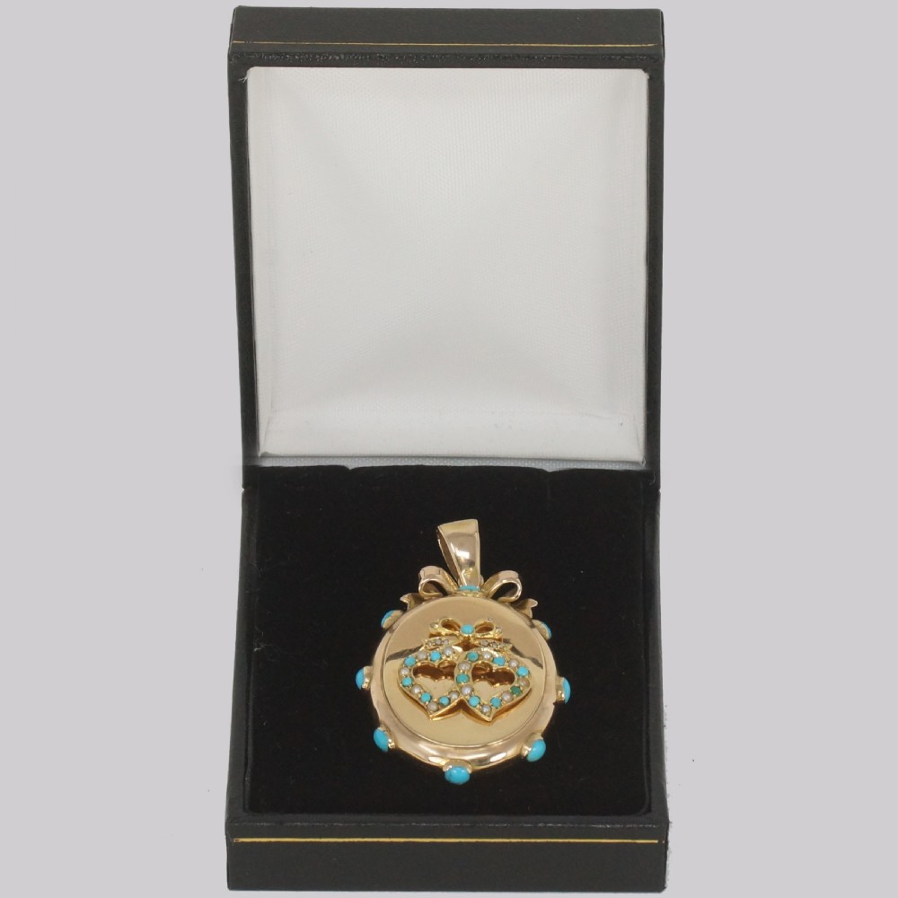 Victorian Locket Turquoise & Pearl 18ct Gold Photo Locket Witches Heart Pendant Circa 1880 View IX