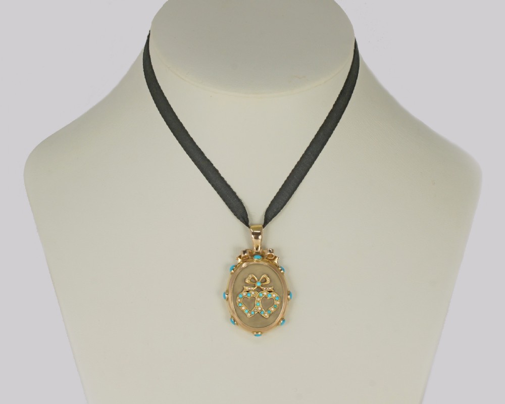 Victorian Locket Turquoise & Pearl 18ct Gold Photo Locket Witches Heart Pendant Circa 1880 View X