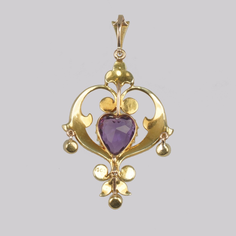 Edwardian Heart Shaped Amethyst Pendant Antique 15ct Gold Vintage Amethyst & Pearl Pendant View III