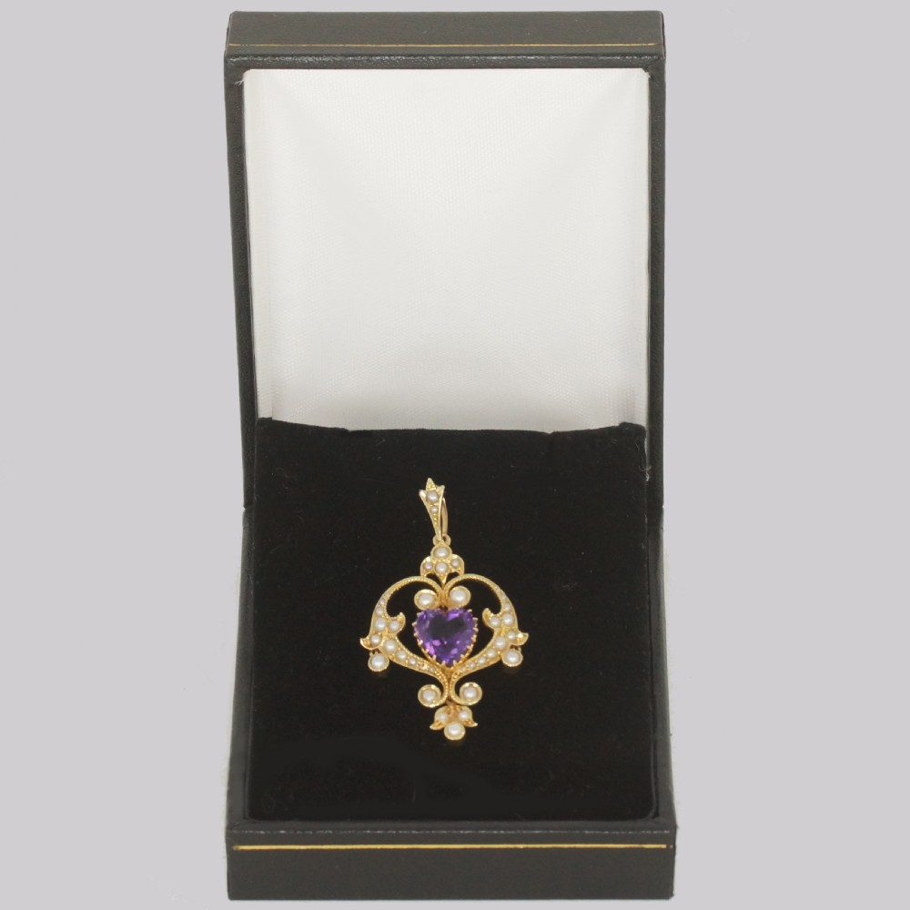 Edwardian Heart Shaped Amethyst Pendant Antique 15ct Gold Vintage Amethyst & Pearl Pendant View VII