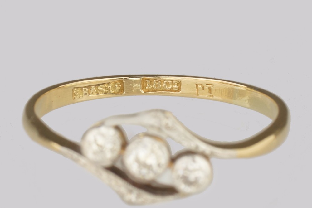 Antique Diamond Trilogy Ring 18ct Gold Vintage Old Cut Diamond Three Stone Edwardian Engagement Ring View X