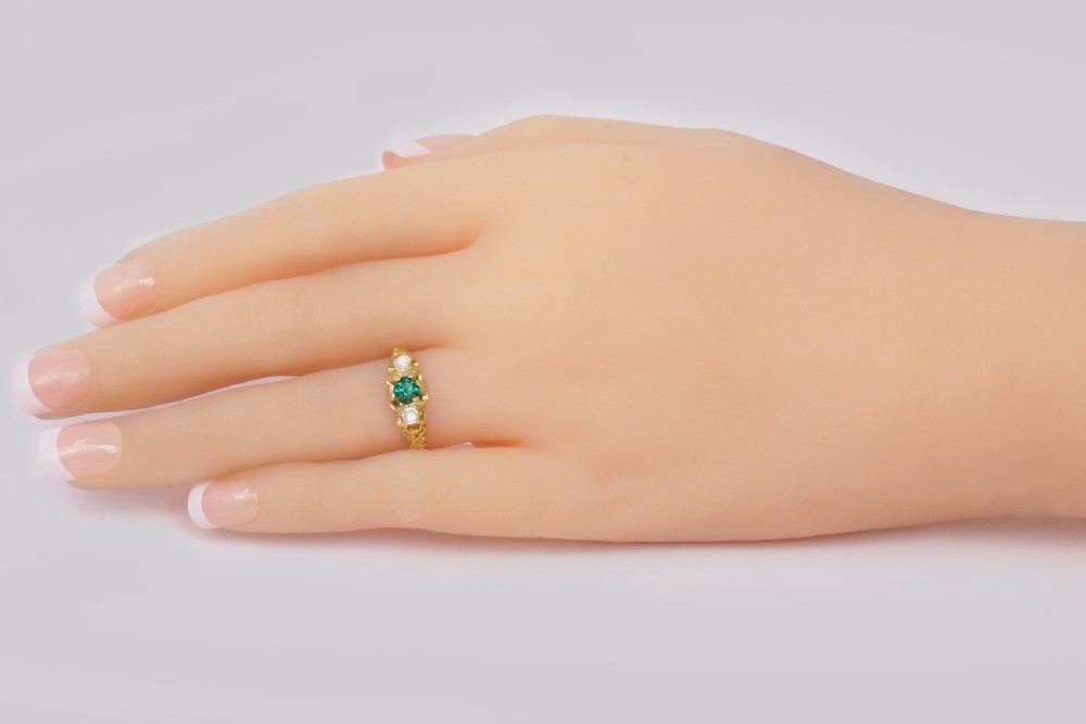 Antique Old Cut Diamond & Emerald Coloured Trilogy Ring 18ct Gold Victorian Ring View VI