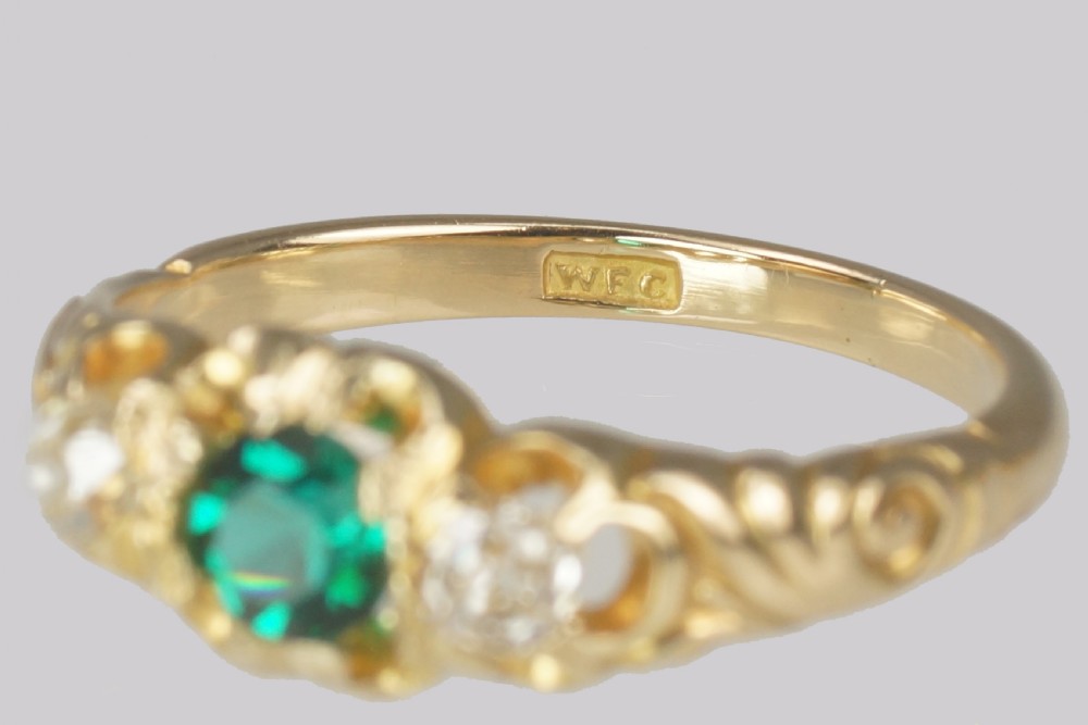 Antique Old Cut Diamond & Emerald Coloured Trilogy Ring 18ct Gold Victorian Ring View VIII