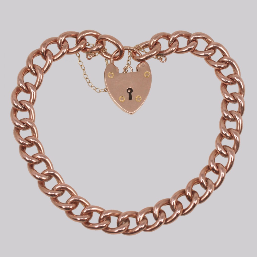 Victorian Curb Link Bracelet Heart Padlock Antique 9ct Rose Gold Hallmarked 1900