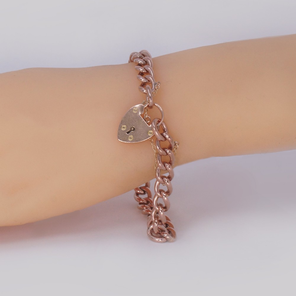 Victorian Curb Link Bracelet Heart Padlock Antique 9ct Rose Gold Hallmarked 1900 View II