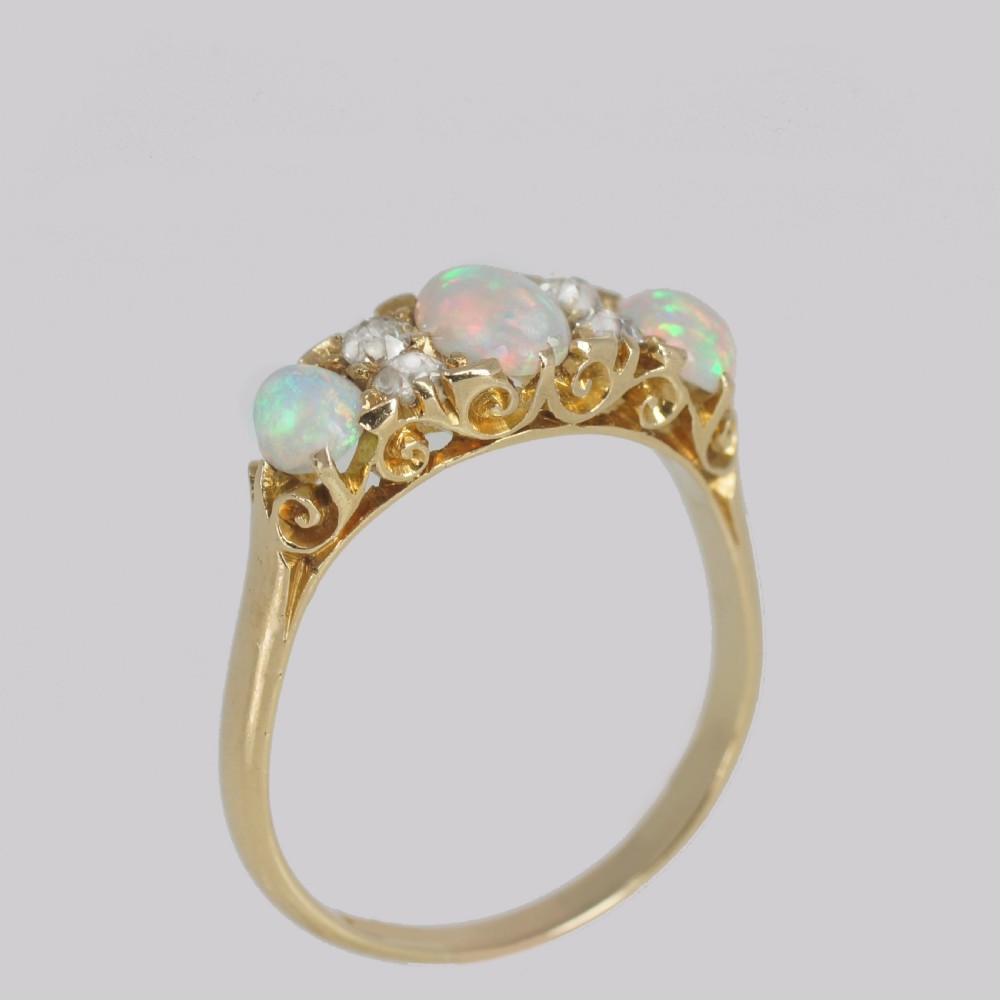 Victorian 18ct Gold Opal & Old Cut Diamond Ring Antique Ornate Trilogy Ring View III