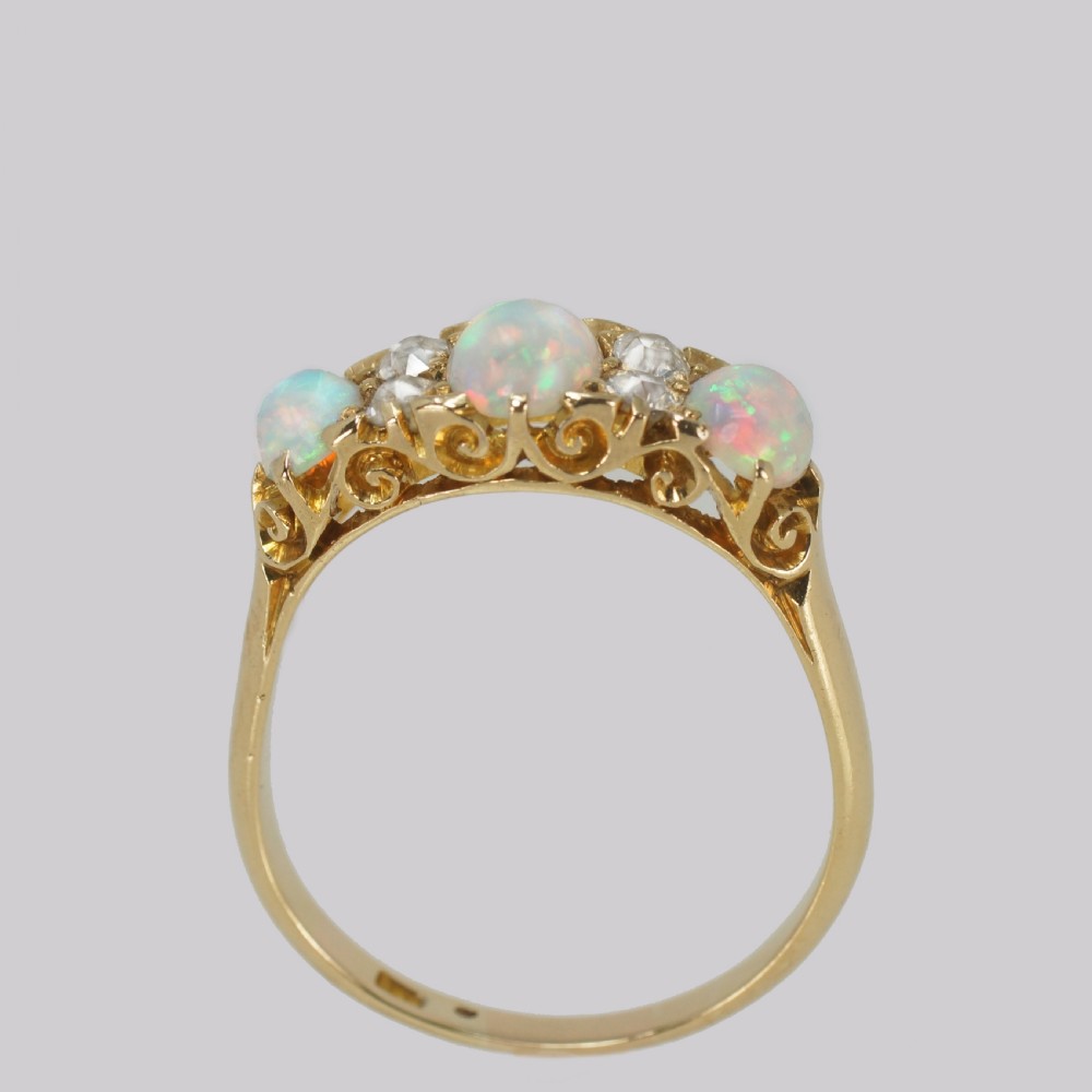 Victorian 18ct Gold Opal & Old Cut Diamond Ring Antique Ornate Trilogy Ring View IV