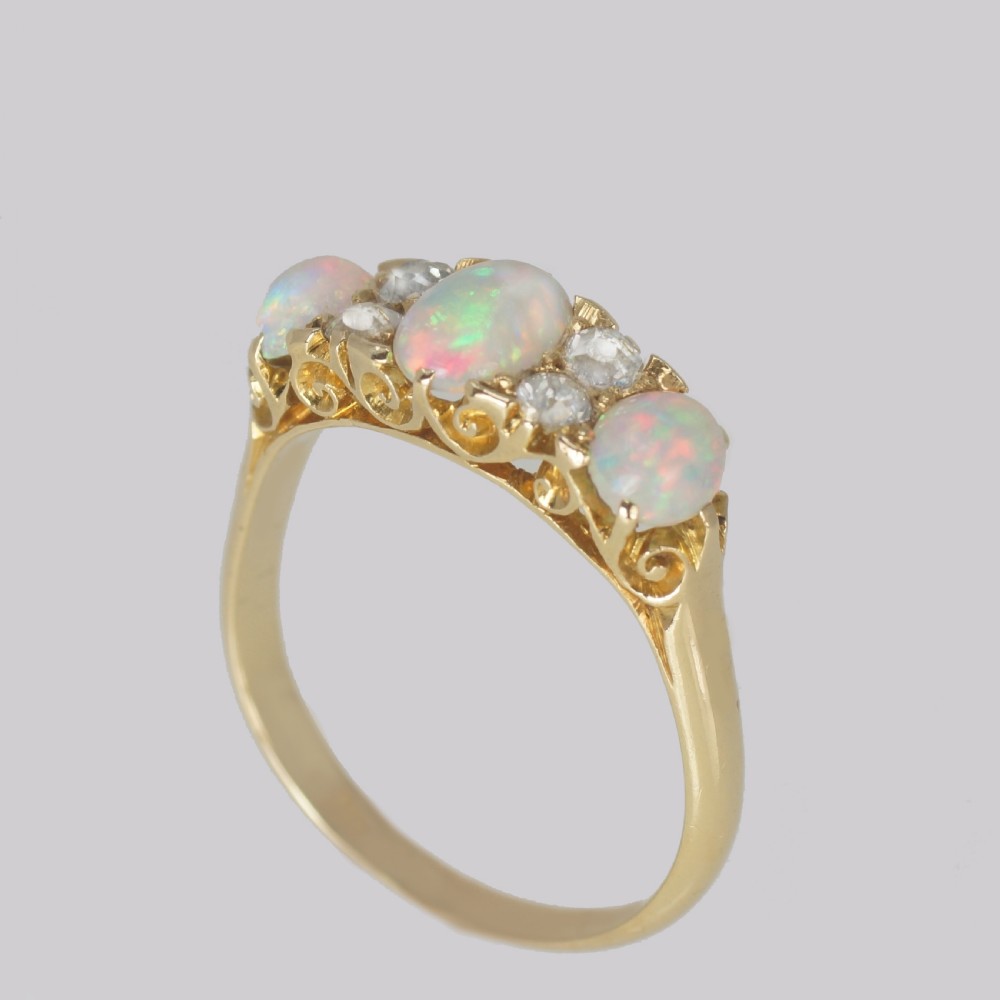 Victorian 18ct Gold Opal & Old Cut Diamond Ring Antique Ornate Trilogy Ring View V