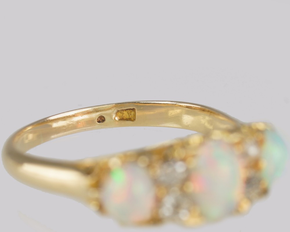 Victorian 18ct Gold Opal & Old Cut Diamond Ring Antique Ornate Trilogy Ring View XII