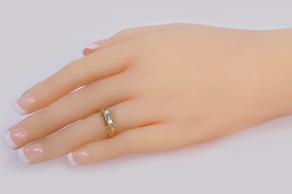 Antique Sapphire & Old Cut Diamond Ring 18ct Gold Boat Ring Birmingham 1911 View VIII