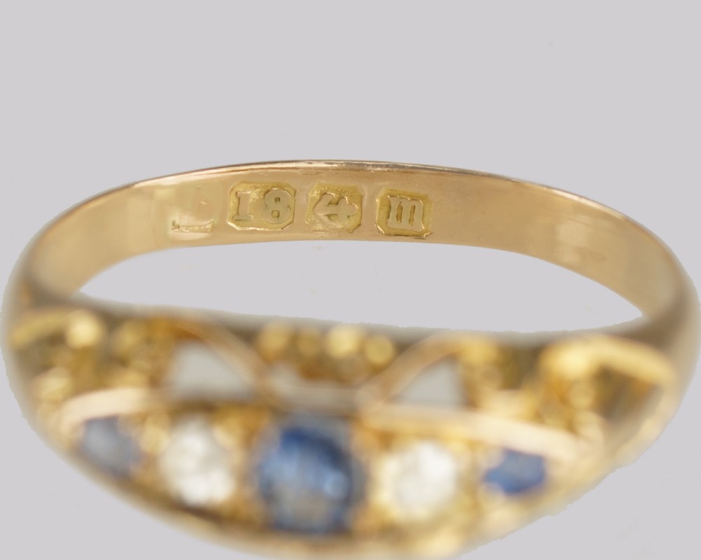Antique Sapphire & Old Cut Diamond Ring 18ct Gold Boat Ring Birmingham 1911 View IX