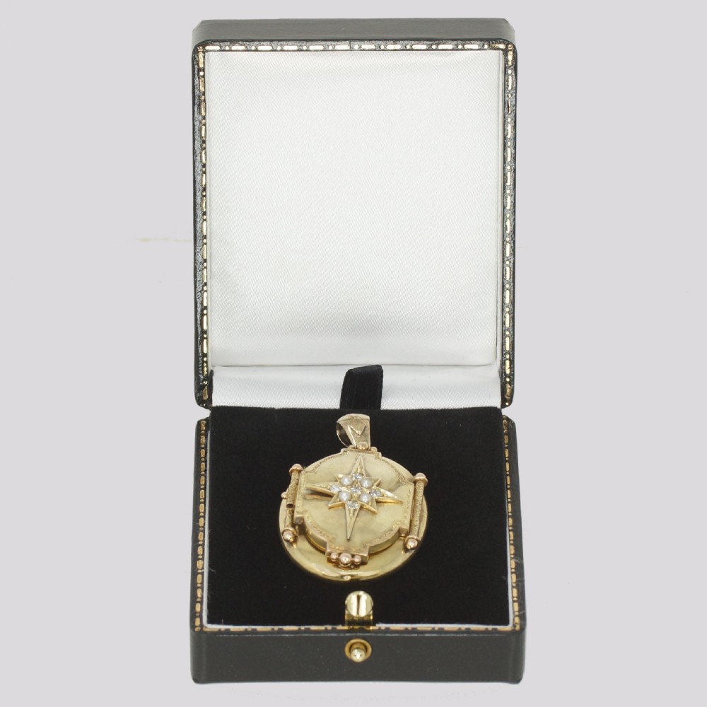 Victorian Old Cut Diamond & Pearl Locket 18ct Gold Star Motif Photo Locket View VIII