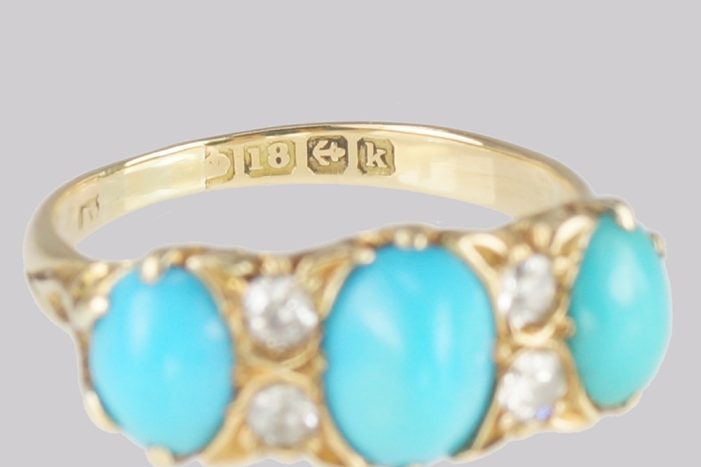 Antique Turquoise & Old Cut Diamond Ring 18ct Gold Edwardian Ring Hallmarked Birmingham 1909 View IX