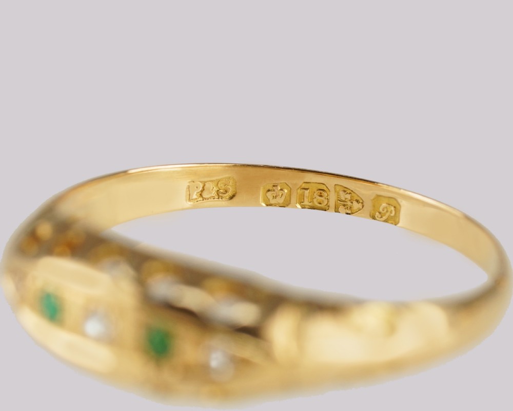 Antique Emerald & Old Cut Diamond Ring 18ct Gold Five Stone Ring Hallmarked Chester 1915 View V
