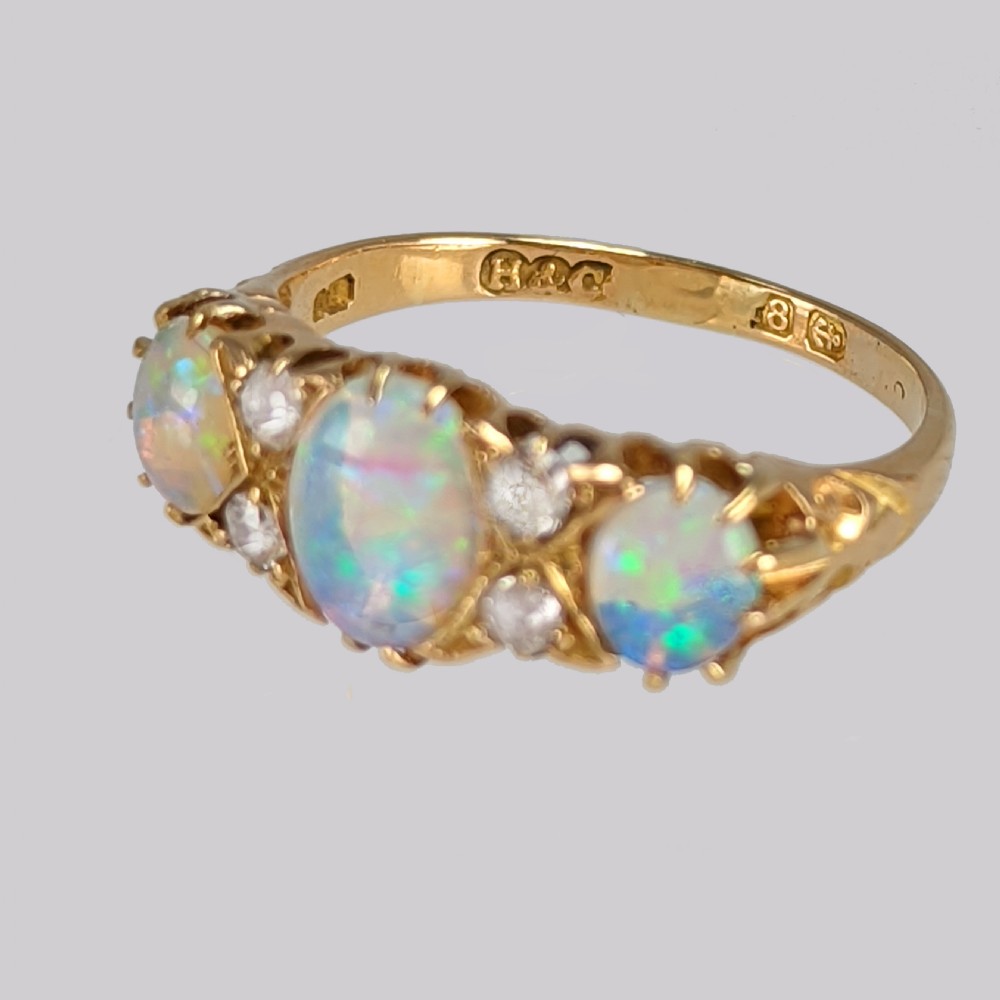 Victorian Natural Opal & Old Cut Diamond Ring 18ct Gold Antique Trilogy Ring View IV