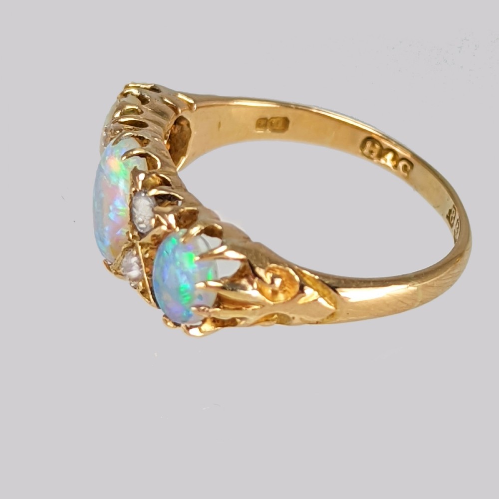 Victorian Natural Opal & Old Cut Diamond Ring 18ct Gold Antique Trilogy Ring View VII