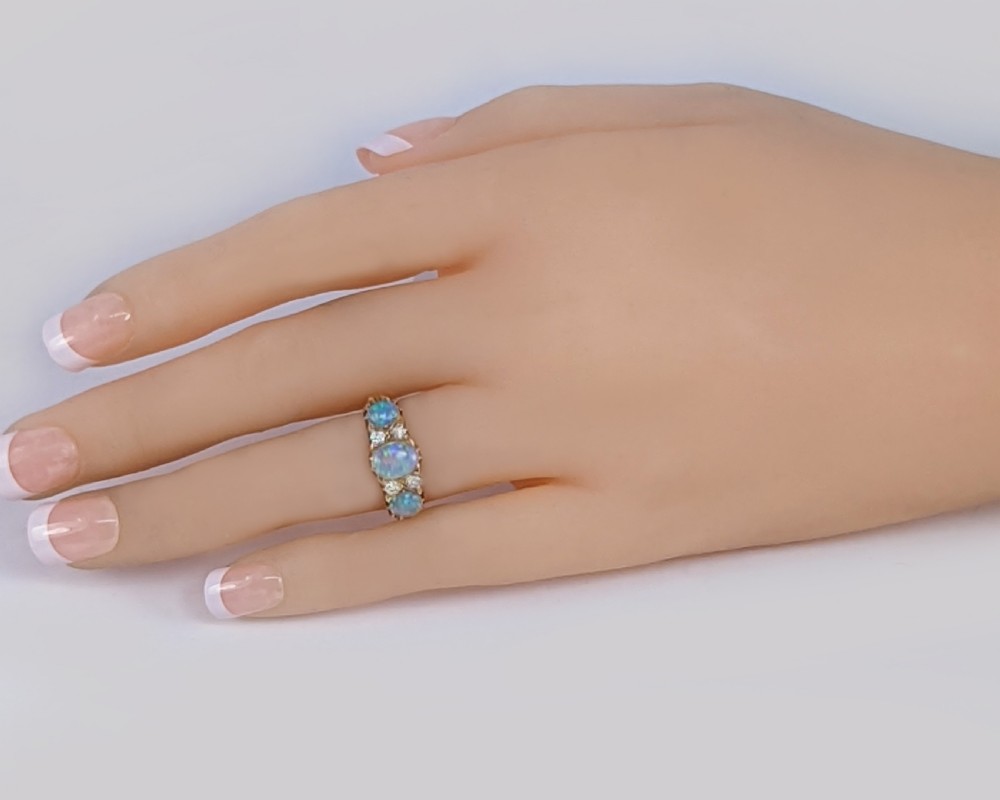 Victorian Natural Opal & Old Cut Diamond Ring 18ct Gold Antique Trilogy Ring View IX