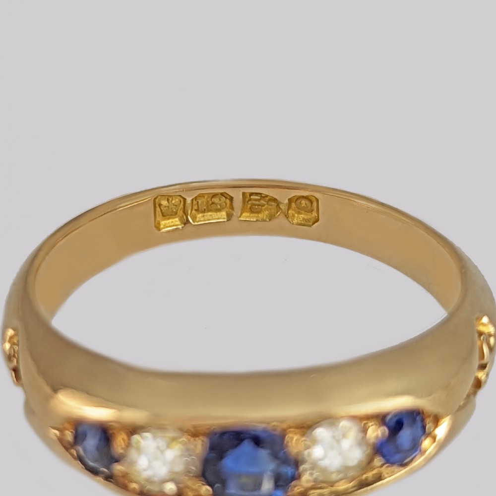 Victorian Sapphire & Old Cut Diamond Bateau Ring Antique 18ct Gold Hallmarked Chester 1899 View VIII