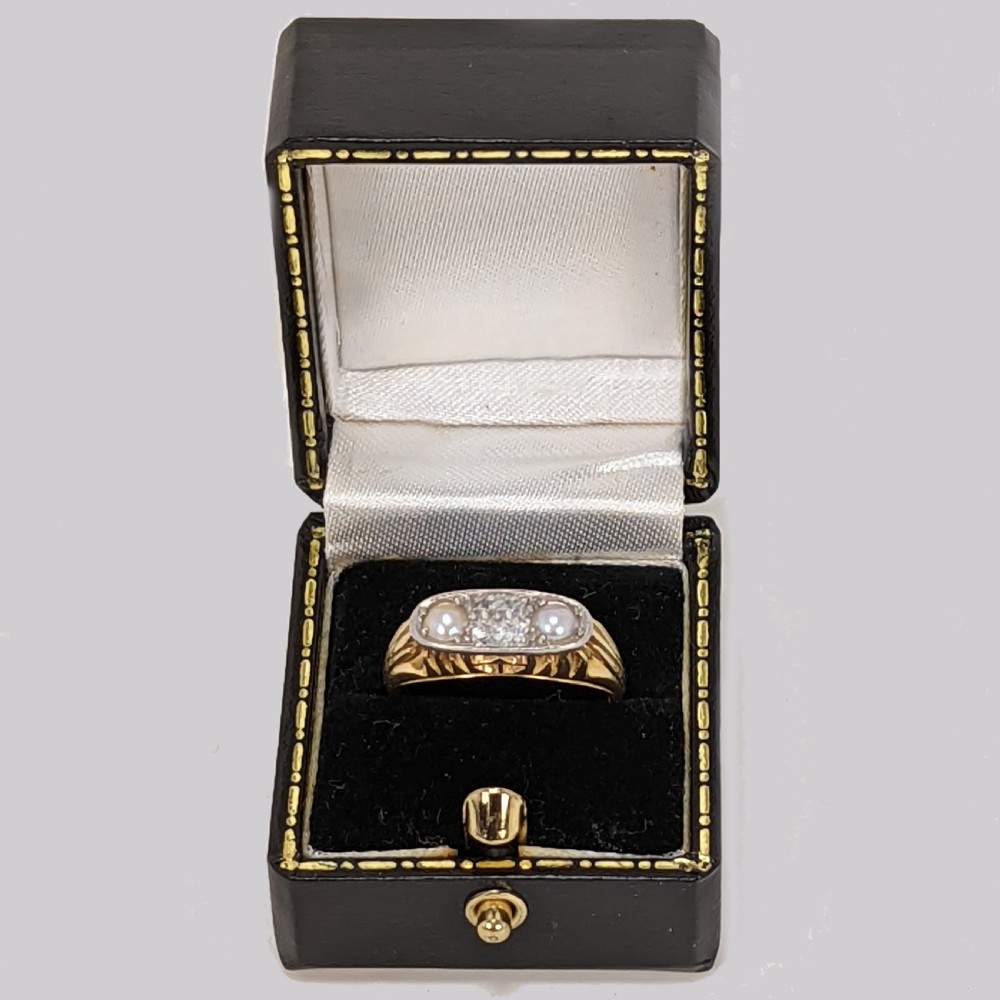 Antique Old Cut Diamond and Pearl Ring 18ct Gold Victorian Engagement Trilogy Ring View IX