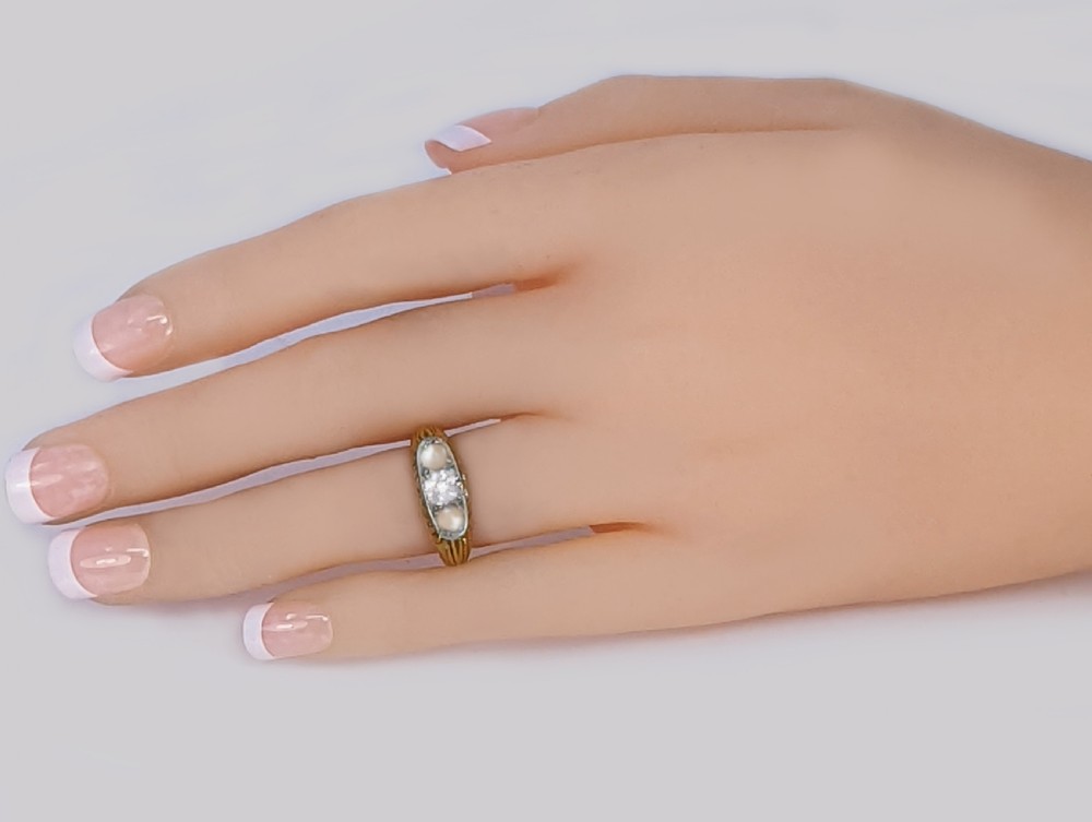 Antique Old Cut Diamond and Pearl Ring 18ct Gold Victorian Engagement Trilogy Ring View X