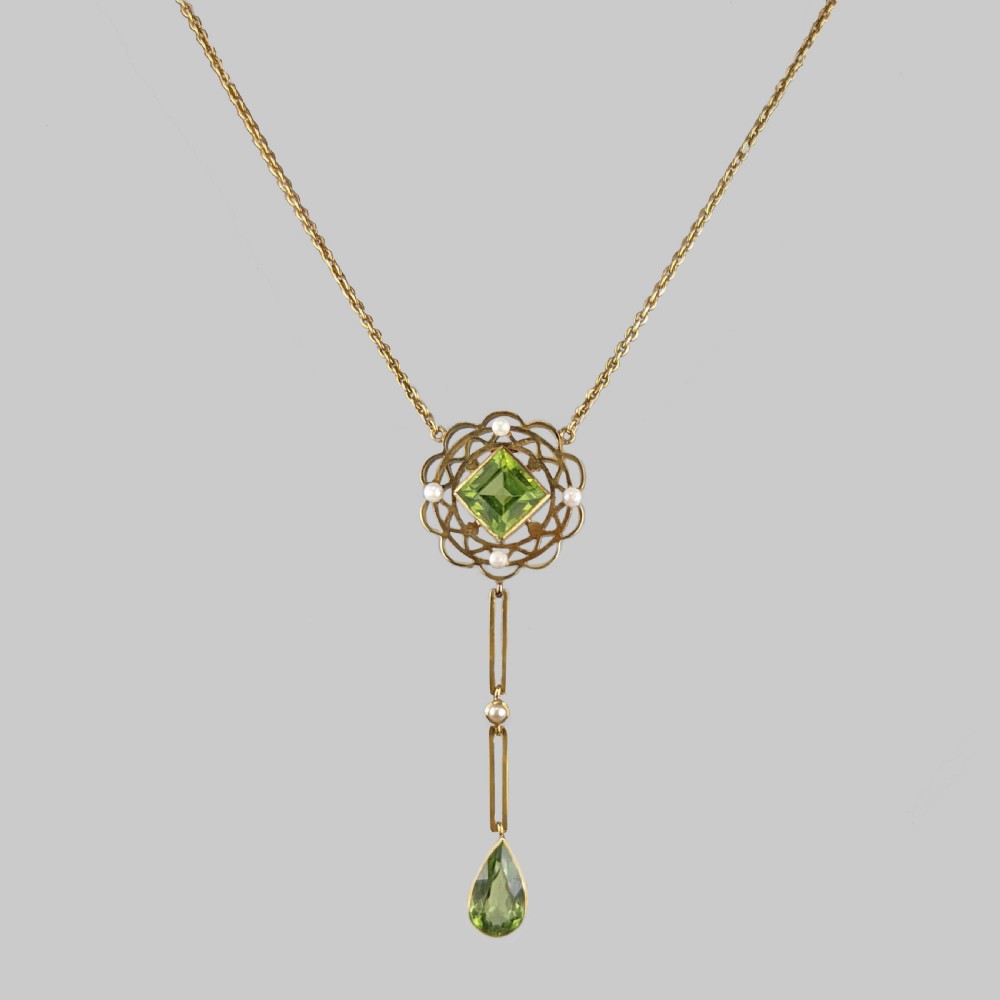 Edwardian Peridot & Seed Pearl Necklace 15ct Gold Antique Pendant Necklace circa 1905 View II