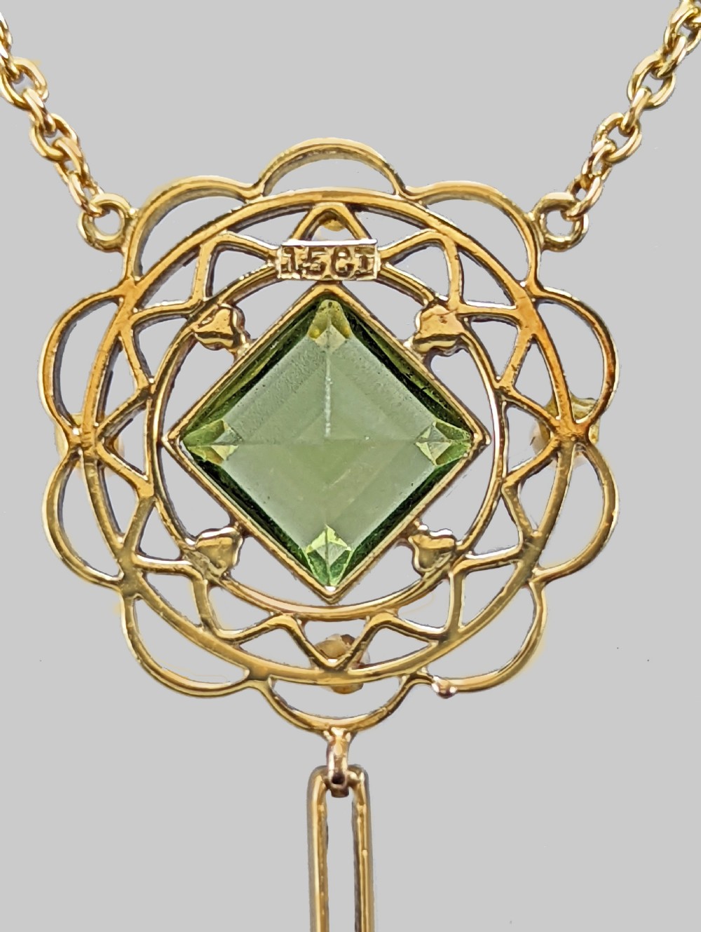Edwardian Peridot & Seed Pearl Necklace 15ct Gold Antique Pendant Necklace circa 1905 View IV