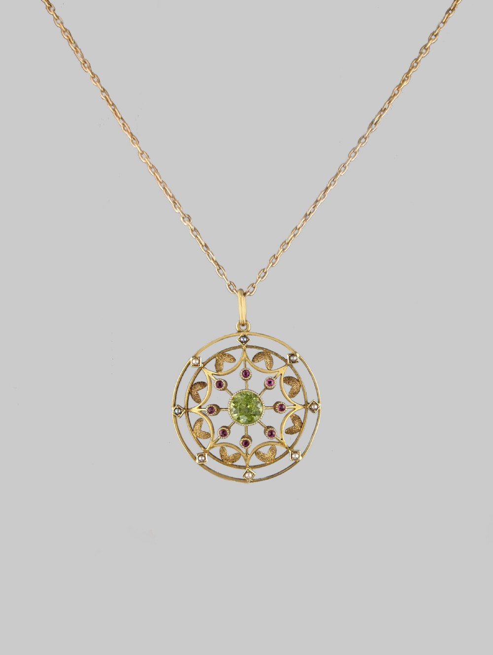 Edwardian Peridot Ruby & Pearl Pendant Vintage 15ct Gold Art Nouveau Necklace View II