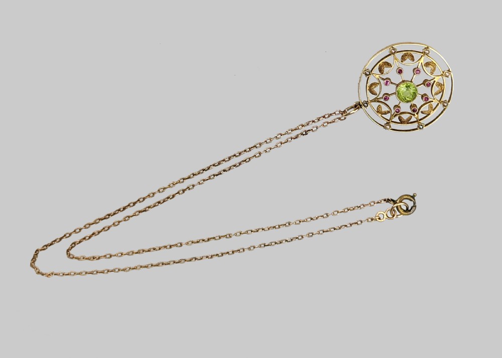 Edwardian Peridot Ruby & Pearl Pendant Vintage 15ct Gold Art Nouveau Necklace View III