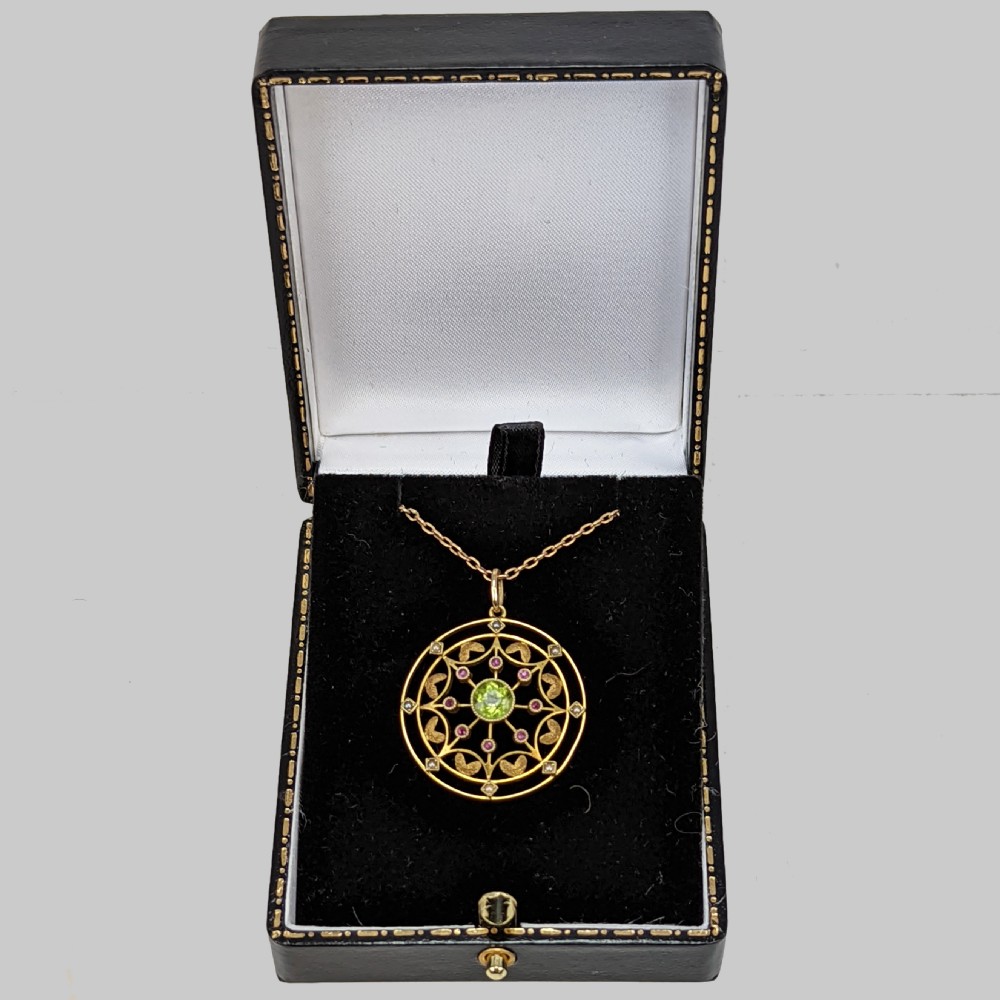 Edwardian Peridot Ruby & Pearl Pendant Vintage 15ct Gold Art Nouveau Necklace View IV
