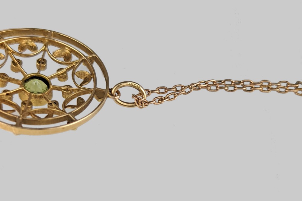 Edwardian Peridot Ruby & Pearl Pendant Vintage 15ct Gold Art Nouveau Necklace View V