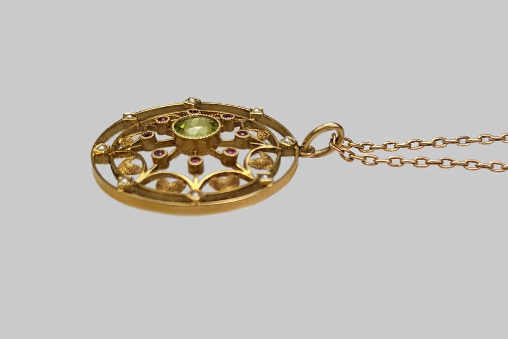 Edwardian Peridot Ruby & Pearl Pendant Vintage 15ct Gold Art Nouveau Necklace View VI