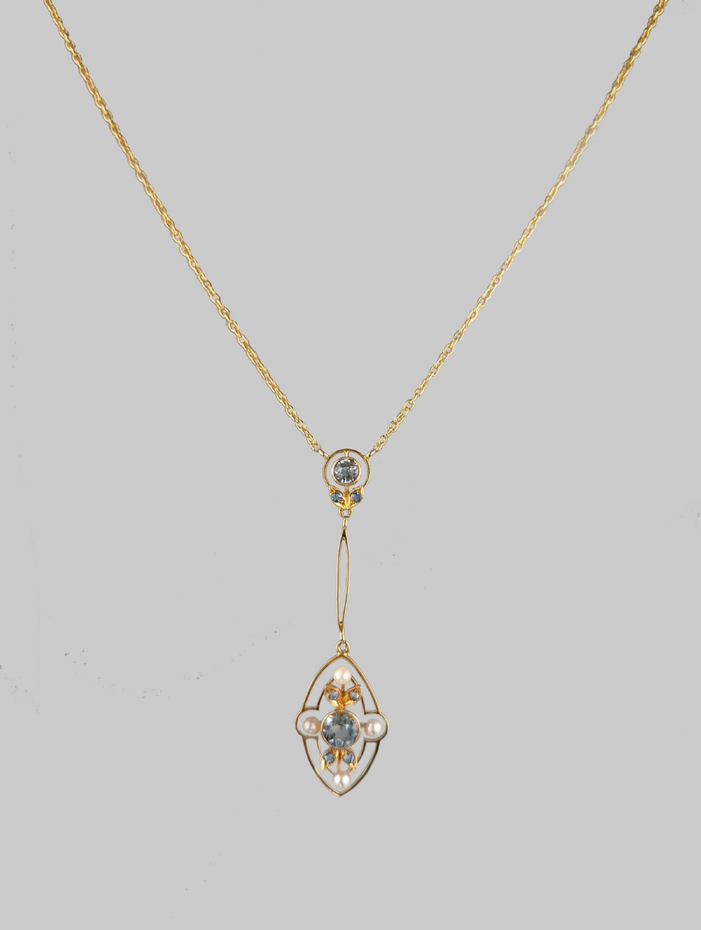 Edwardian Aquamarine & Pearl Necklace 15ct Gold Antique Foliate Pendant circa 1910 View II