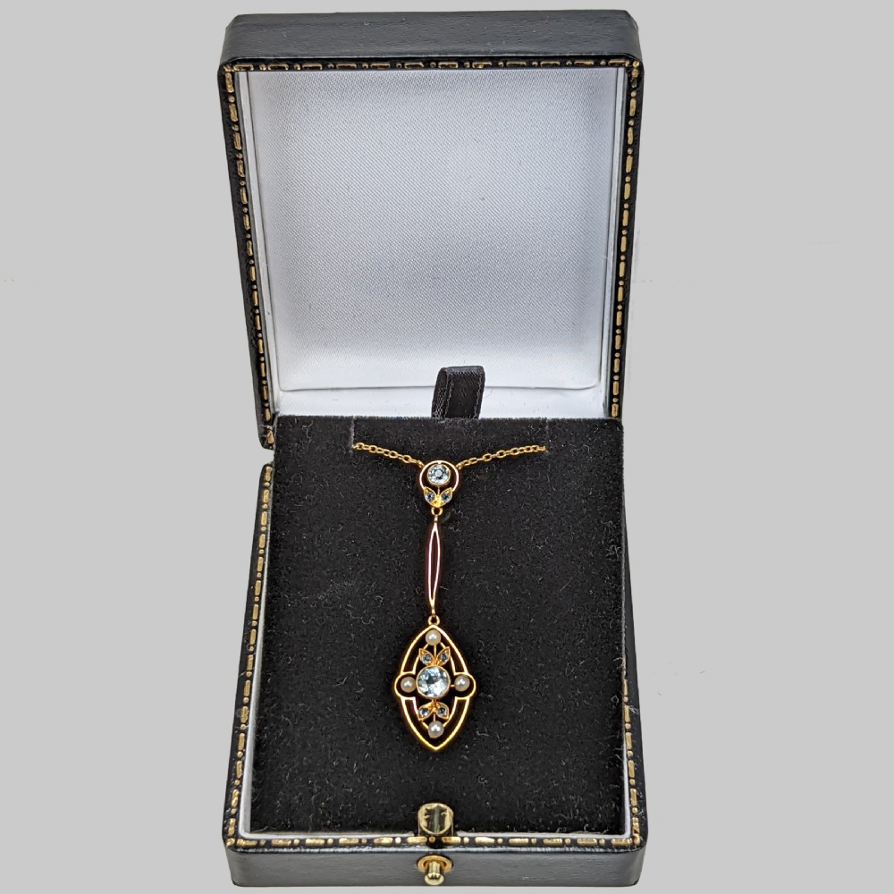 Edwardian Aquamarine & Pearl Necklace 15ct Gold Antique Foliate Pendant circa 1910 View III