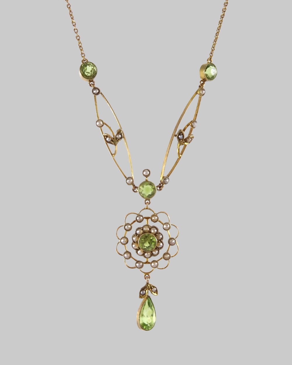Edwardian Peridot & Seed Pearl Necklace Antique 9ct Gold Floral Necklace View II