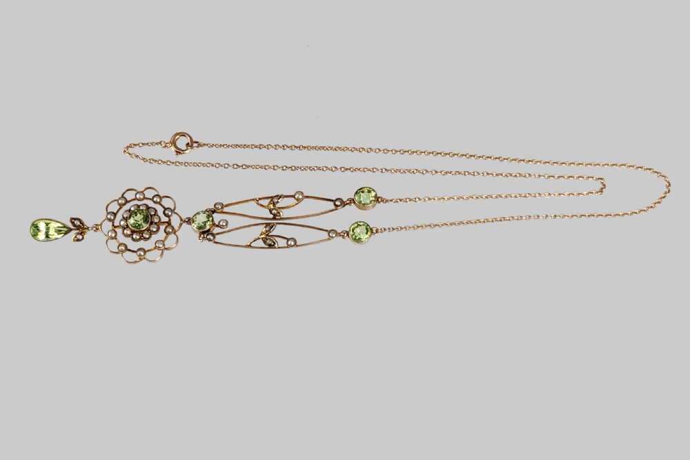 Edwardian Peridot & Seed Pearl Necklace Antique 9ct Gold Floral Necklace View IV