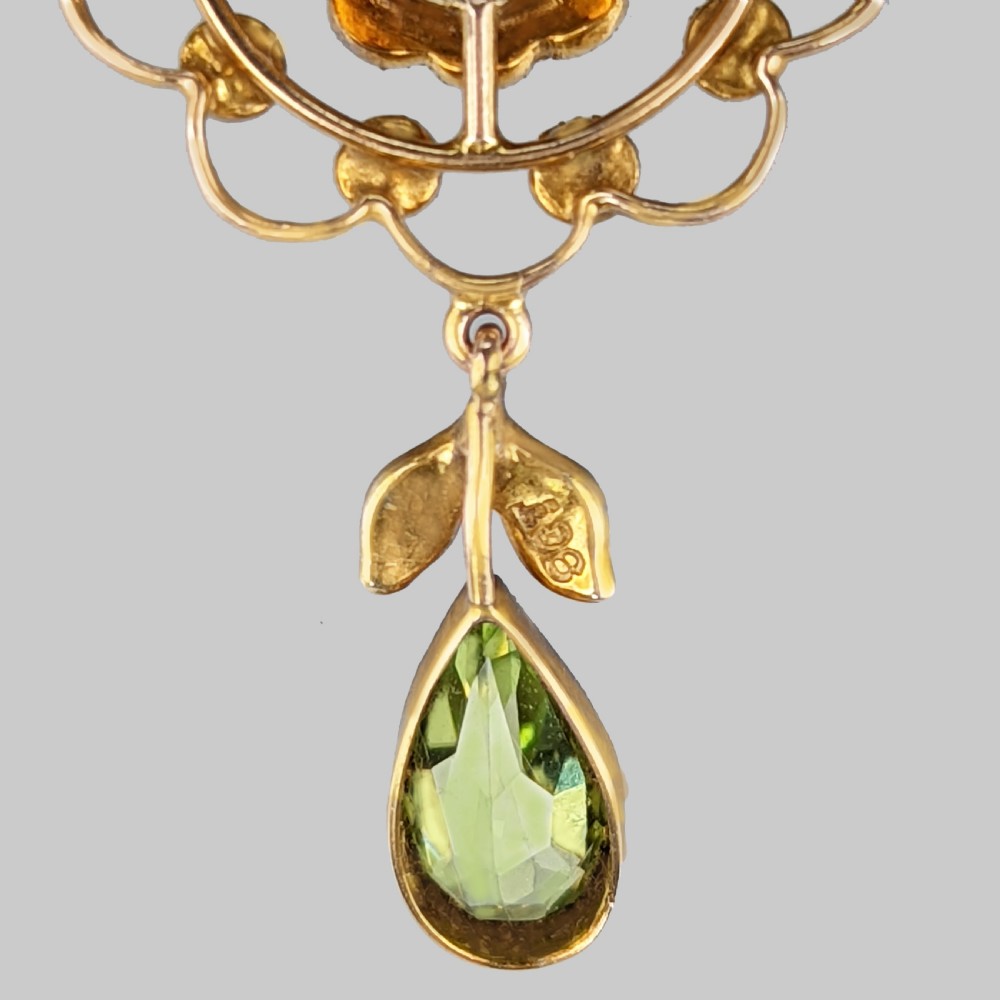 Edwardian Peridot & Seed Pearl Necklace Antique 9ct Gold Floral Necklace View V