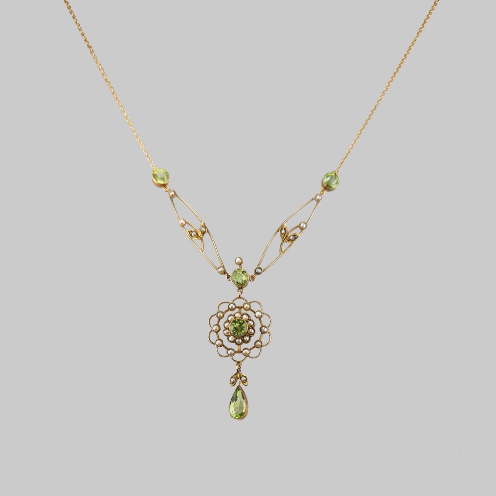 Edwardian Peridot & Seed Pearl Necklace Antique 9ct Gold Floral Necklace View VIII