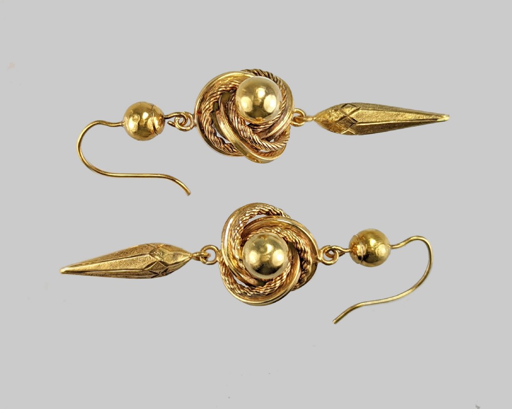 Victorian 18ct Gold Drop Earrings Antique Lovers Knot Etruscan Revival Long Dangling Earrings View III
