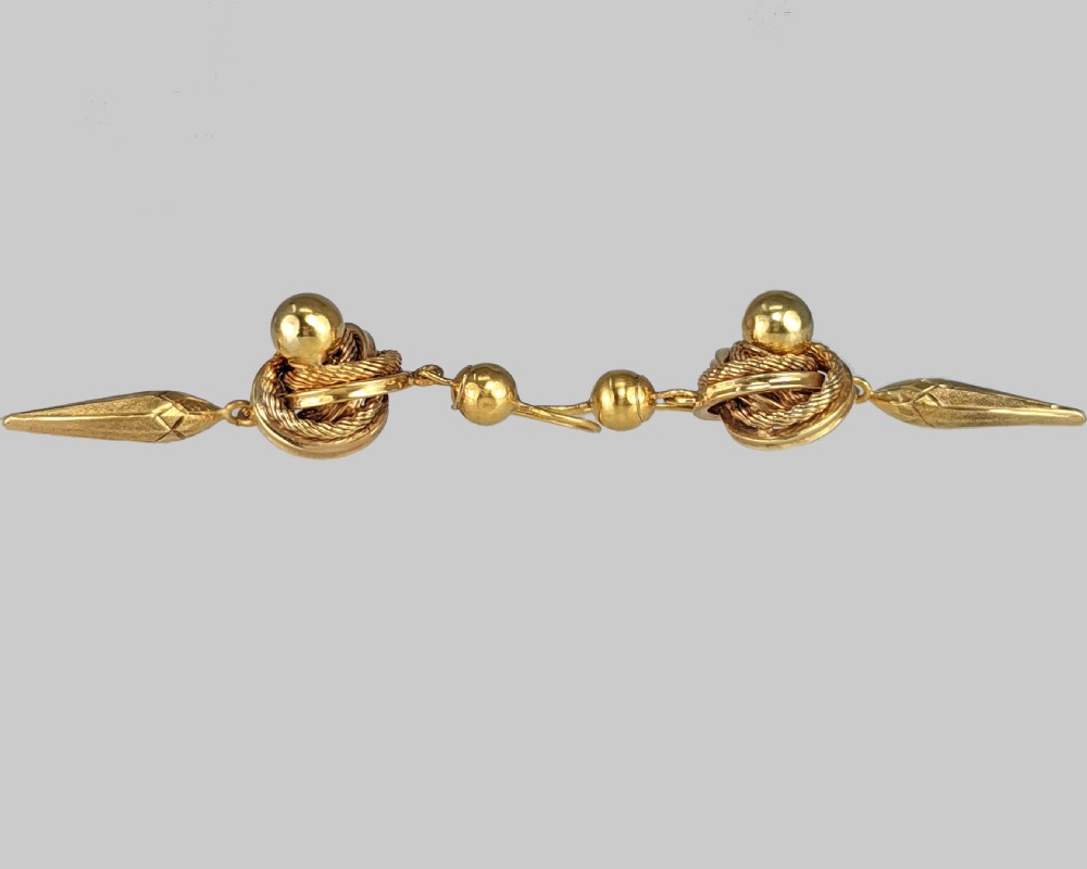 Victorian 18ct Gold Drop Earrings Antique Lovers Knot Etruscan Revival Long Dangling Earrings View IV