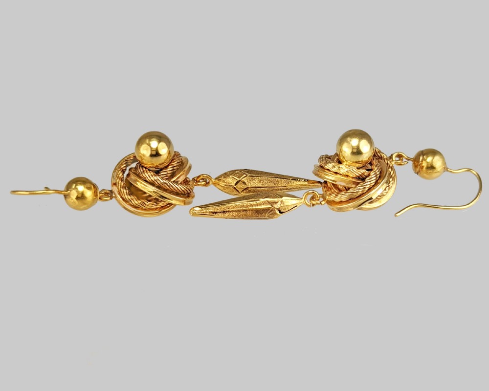 Victorian 18ct Gold Drop Earrings Antique Lovers Knot Etruscan Revival Long Dangling Earrings View V