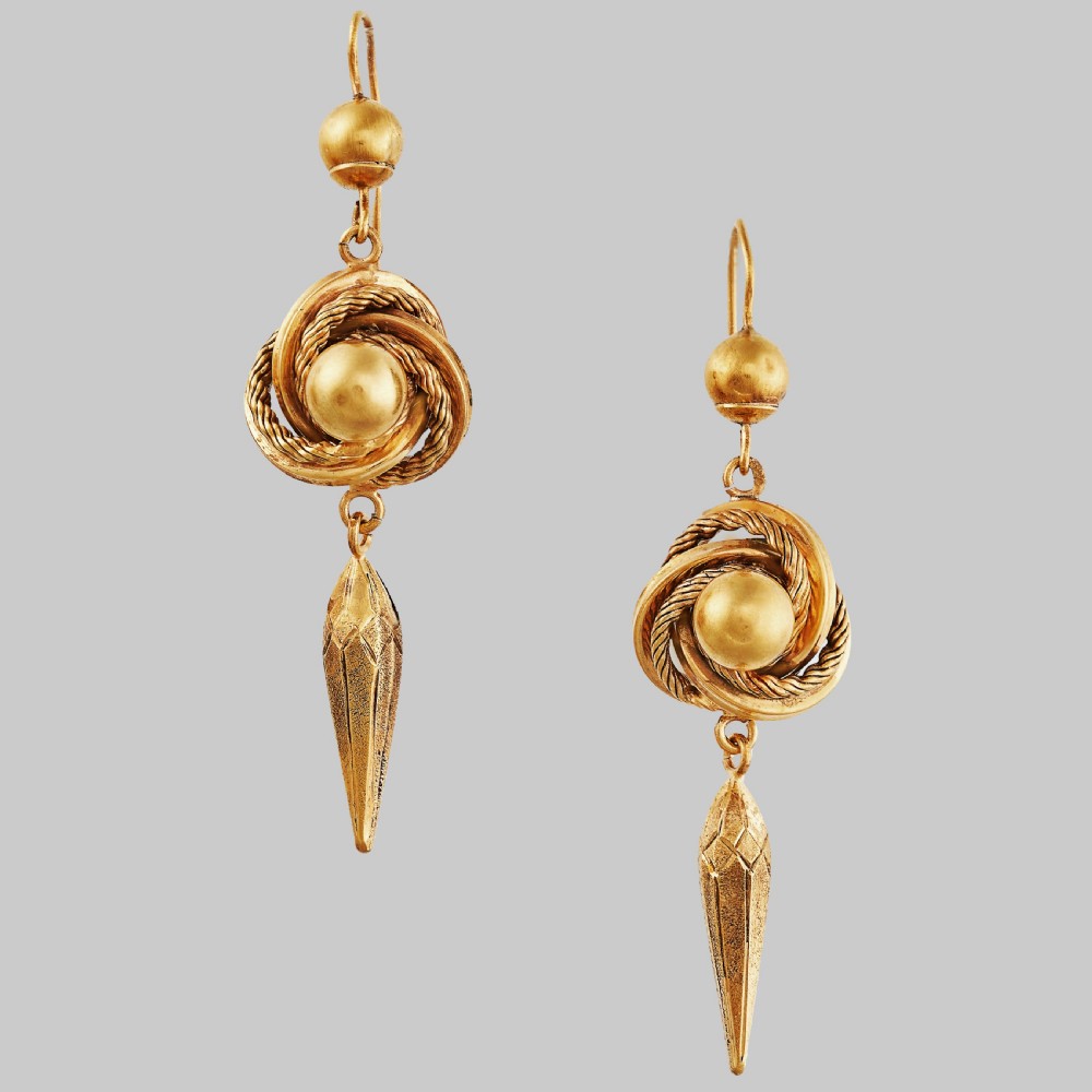Victorian 18ct Gold Drop Earrings Antique Lovers Knot Etruscan Revival Long Dangling Earrings View VI