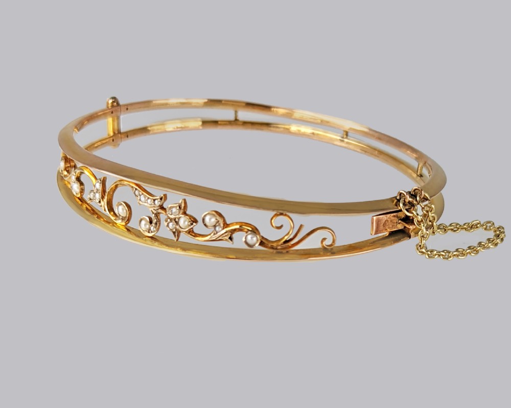 Edwardian Pearl Bangle 9ct Gold Antique Split Pearl Floral Bracelet Circa 1910 View XI