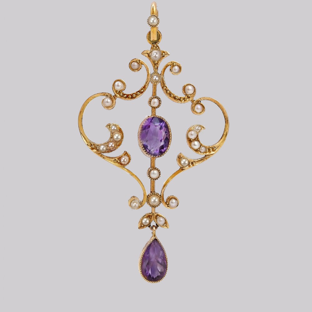 Antique Amethyst & Seed Pearl Pendant Edwardian 9ct Gold Vintage Pendant ca 1910 View III