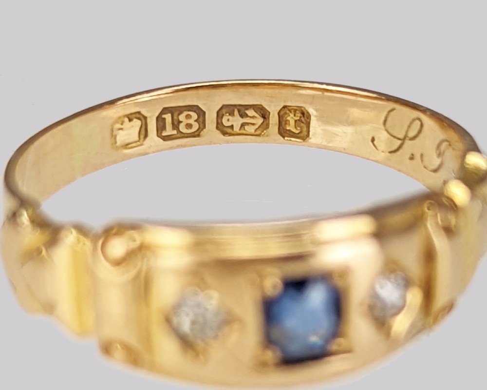 18ct Gold Victorian Sapphire & Diamond Gypsy Ring Antique Trilogy Birmingham 1893 View IV