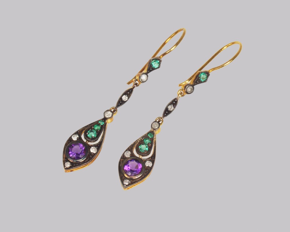 Vintage Amethyst Emerald & Diamond Suffragette Coloured Edwardian Style Dangle Earrings View II