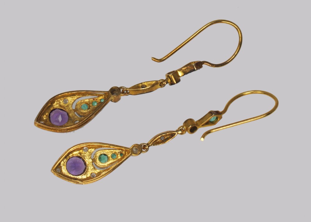 Vintage Amethyst Emerald & Diamond Suffragette Coloured Edwardian Style Dangle Earrings View III