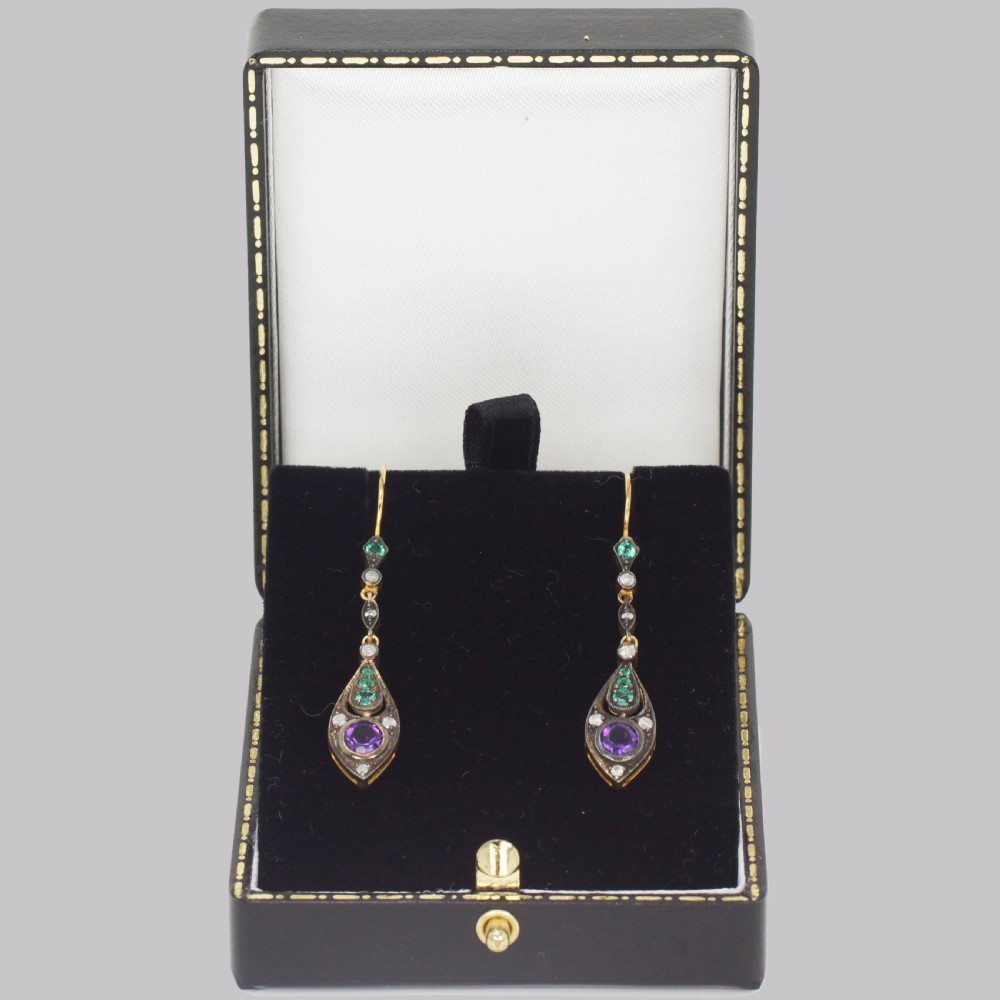Vintage Amethyst Emerald & Diamond Suffragette Coloured Edwardian Style Dangle Earrings View IV
