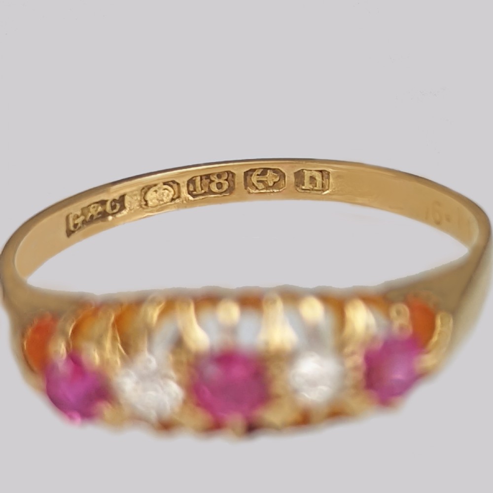 Antique Ruby & Diamond Five Stone Ring 18ct Gold Vintage Ring Birmingham 1912 View IV