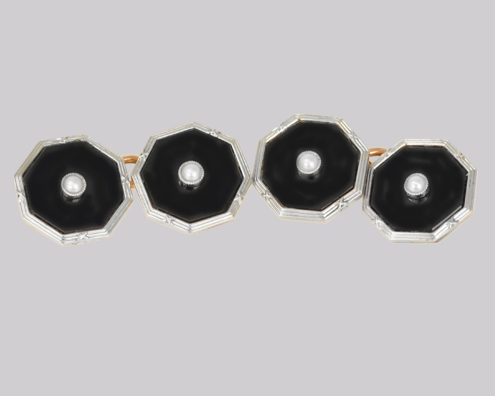 Art Deco Pearl & Onyx Cufflinks Antique 1920s 9ct Gold Wilson & Gill Cuff Links View IV