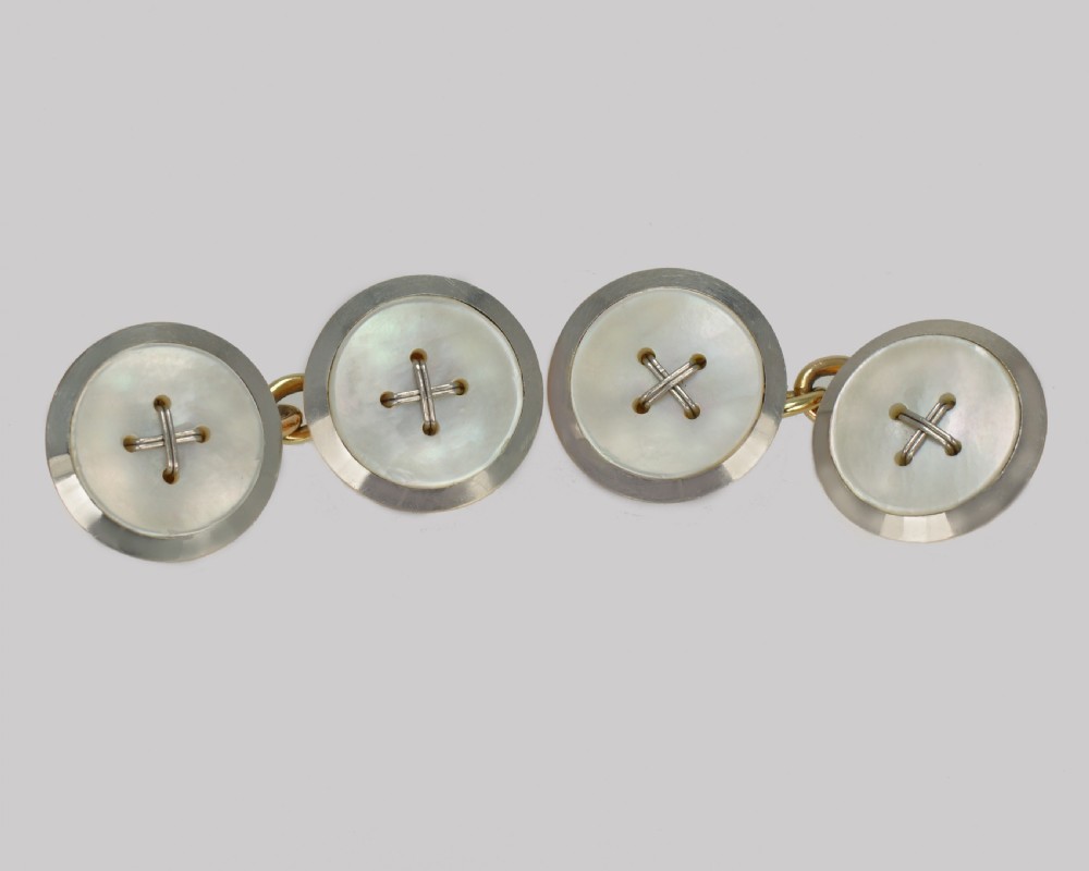 Antique Mother of Pearl 9ct Gold & Platinum Cufflinks Edwardian / Art Deco 1920s Button Cuff Links View V